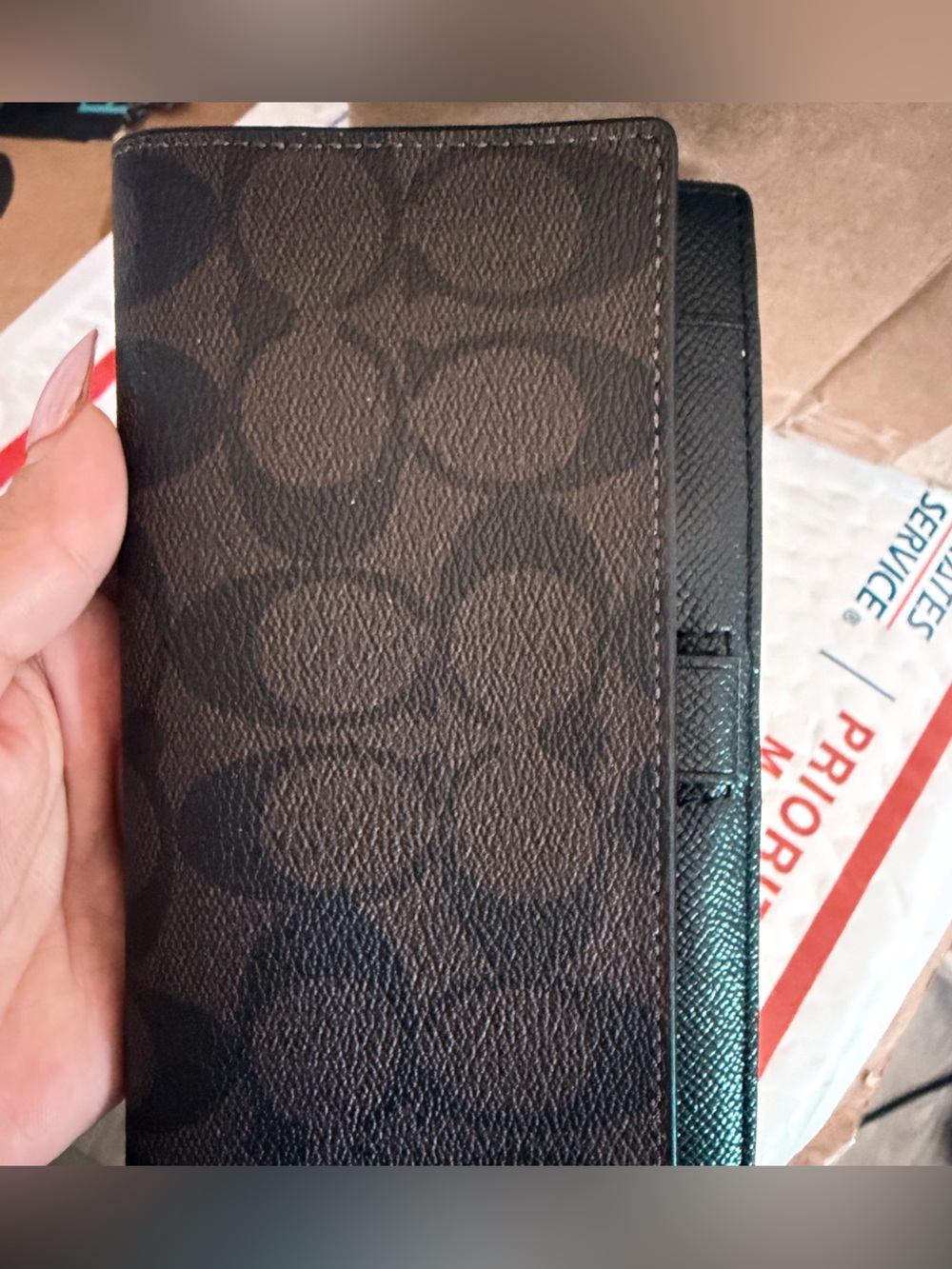 Coach Signature Bifold Checkbook Wallet W Pen Slot Dark Brown Black